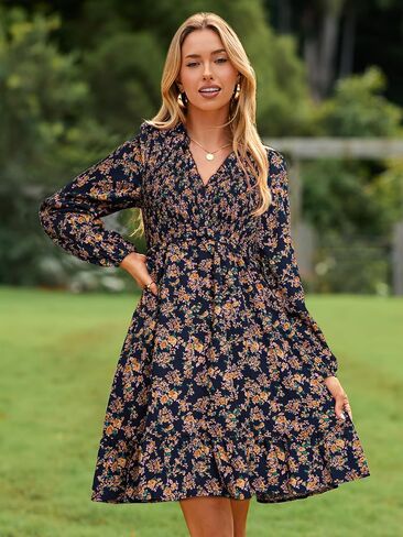 Simplee Womens 2025 Long Sleeve Babydoll Mini Dress Smocked Floral Fall Flowy Casual Short Dresses with Pockets in Saudi Arabia