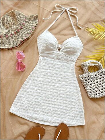 MakeMeChic Women's Textured Halter Dress Metal Starfish Backless Cut Out Summer Mini Dresses in Saudi Arabia