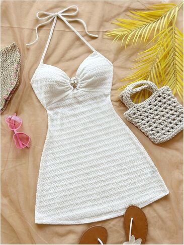 MakeMeChic Women's Textured Halter Dress Metal Starfish Backless Cut Out Summer Mini Dresses in Saudi Arabia