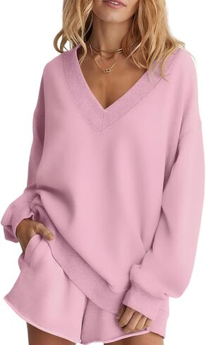 Womens Oversized V Neck Sweatshirts Casual Fleece Long Sleeve Pullover Fall Loose Fit Sweater Tops 2025 in Kuwait