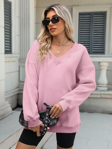 Womens Oversized V Neck Sweatshirts Casual Fleece Long Sleeve Pullover Fall Loose Fit Sweater Tops 2025 in Kuwait