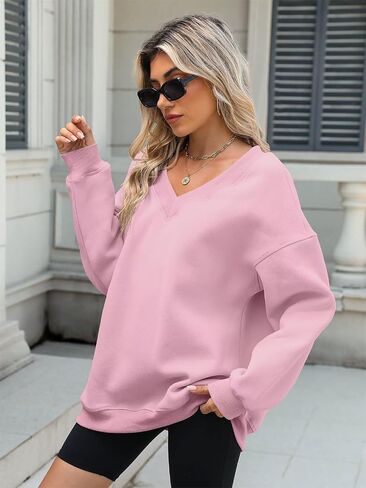 Womens Oversized V Neck Sweatshirts Casual Fleece Long Sleeve Pullover Fall Loose Fit Sweater Tops 2025 in Kuwait