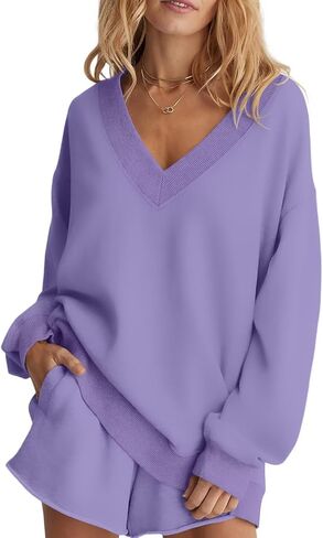 Womens Oversized V Neck Sweatshirts Casual Fleece Long Sleeve Pullover Fall Loose Fit Sweater Tops 2025 in Kuwait