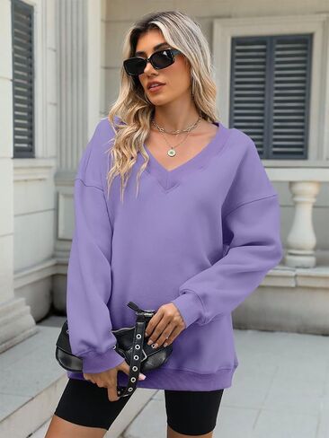 Womens Oversized V Neck Sweatshirts Casual Fleece Long Sleeve Pullover Fall Loose Fit Sweater Tops 2025 in Kuwait
