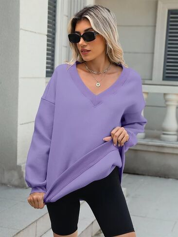 Womens Oversized V Neck Sweatshirts Casual Fleece Long Sleeve Pullover Fall Loose Fit Sweater Tops 2025 in Kuwait
