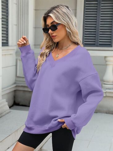 Womens Oversized V Neck Sweatshirts Casual Fleece Long Sleeve Pullover Fall Loose Fit Sweater Tops 2025 in Kuwait