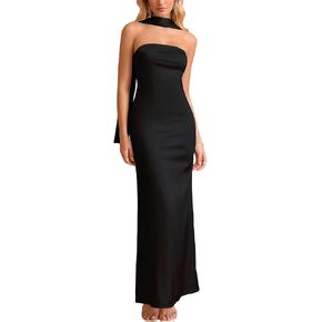EYNMIN Women's Tube Maxi Dress with Scarf Satin Strapless Elegant Long Formal Wedding Guest Dresses in Kuwait