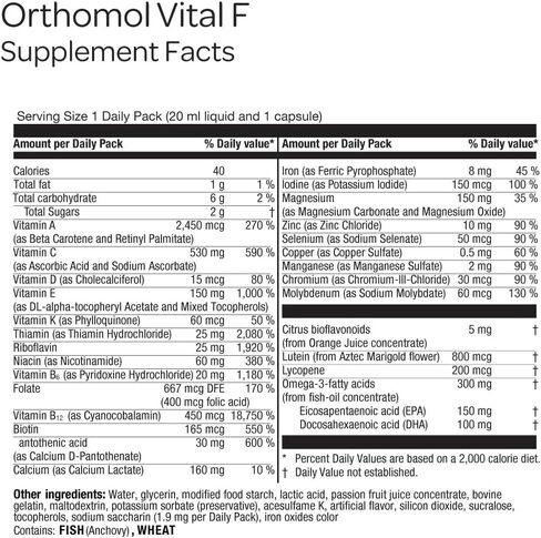 Orthomol Vital F Vial للنساء ، مكملات فيتامين لمدة 30 يومًا-الطاقة اليومية ، الحد من التعب ودعم الحيوية مع الفيتامينات A ، B ، C ، D ، E ، K ، Omega-3 واليود in Kuwait