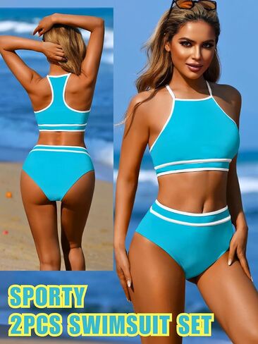 High Waisted Bikini Sets,High Neck Halter Top Swimsuits for Women,Modest Color Block Swimsuit Beach Vacation Pool in Saudi Arabia