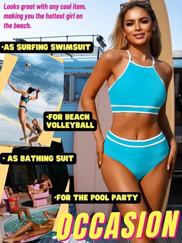 High Waisted Bikini Sets,High Neck Halter Top Swimsuits for Women,Modest Color Block Swimsuit Beach Vacation Pool in Saudi Arabia