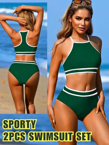 High Waisted Bikini Sets,High Neck Halter Top Swimsuits for Women,Modest Color Block Swimsuit Beach Vacation Pool in Saudi Arabia