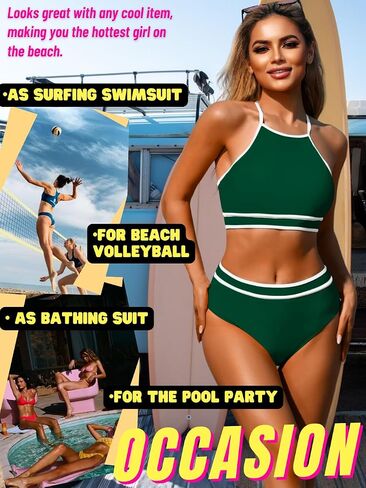 High Waisted Bikini Sets,High Neck Halter Top Swimsuits for Women,Modest Color Block Swimsuit Beach Vacation Pool in Saudi Arabia