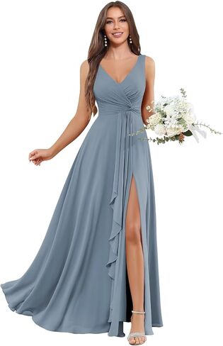 BOLENSYE Women's V Neck Bridesmaid Dresses with Pockets A Line Ruffles Ruched Long Slit Chiffon Evening Party Gown in Saudi Arabia