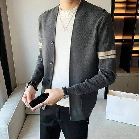 Men V-Neck Jacket Striped Business Cardigan with Pockets Knitted Sweaters Coat in Saudi Arabia