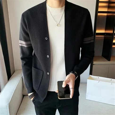 Men V-Neck Jacket Striped Business Cardigan with Pockets Knitted Sweaters Coat in Saudi Arabia