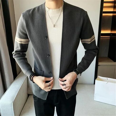 Men V-Neck Jacket Striped Business Cardigan with Pockets Knitted Sweaters Coat in Saudi Arabia