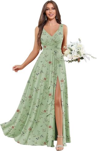 BOLENSYE Women's V Neck Bridesmaid Dresses with Pockets A Line Ruffles Ruched Long Slit Chiffon Evening Party Gown in Saudi Arabia