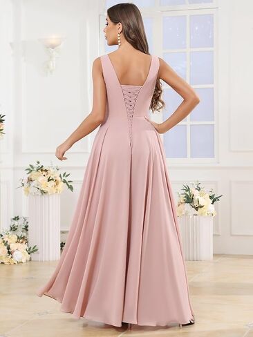 BOLENSYE Women's V Neck Bridesmaid Dresses with Pockets A Line Ruffles Ruched Long Slit Chiffon Evening Party Gown in Saudi Arabia