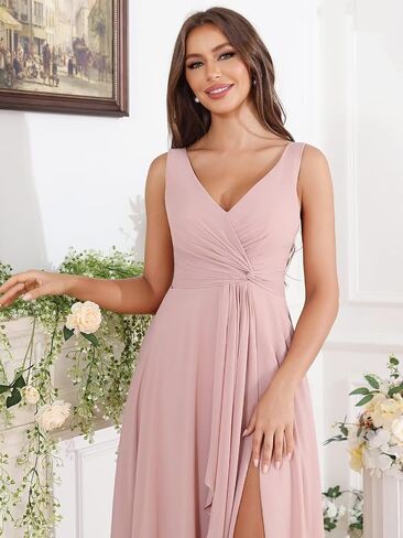 BOLENSYE Women's V Neck Bridesmaid Dresses with Pockets A Line Ruffles Ruched Long Slit Chiffon Evening Party Gown in Saudi Arabia