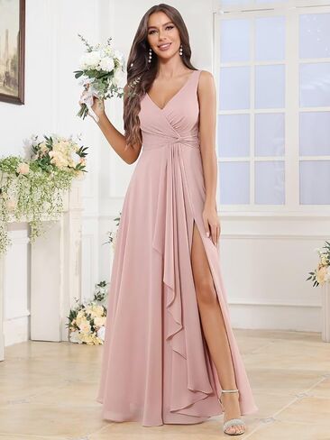 BOLENSYE Women's V Neck Bridesmaid Dresses with Pockets A Line Ruffles Ruched Long Slit Chiffon Evening Party Gown in Saudi Arabia