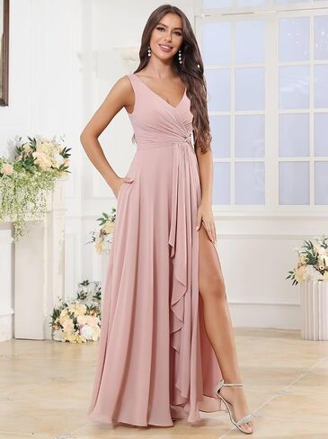 BOLENSYE Women's V Neck Bridesmaid Dresses with Pockets A Line Ruffles Ruched Long Slit Chiffon Evening Party Gown in Saudi Arabia