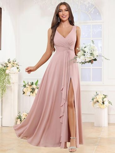 BOLENSYE Women's V Neck Bridesmaid Dresses with Pockets A Line Ruffles Ruched Long Slit Chiffon Evening Party Gown in Saudi Arabia