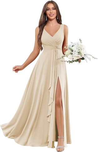 BOLENSYE Women's V Neck Bridesmaid Dresses with Pockets A Line Ruffles Ruched Long Slit Chiffon Evening Party Gown in Saudi Arabia