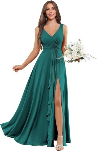 BOLENSYE Women's V Neck Bridesmaid Dresses with Pockets A Line Ruffles Ruched Long Slit Chiffon Evening Party Gown in Saudi Arabia