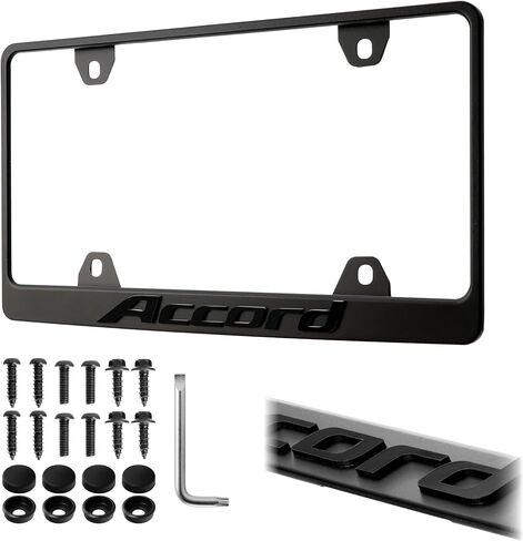 Accord License Plate Frame – Stealth Black Powder Coat UV Resistant STAINLESS METAL Plate Holder - One Piece - Compatible with 1976-2025 Accord (3D RAISED LETTERS with MOUNTING HARDWARE) in Saudi Arabia