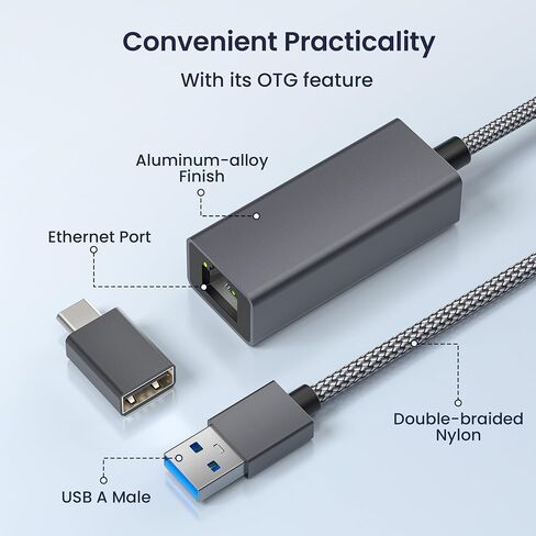 RUXELY USB 3.0 Gigabit Ethernet Adapter with USB-C Converter,1000Mbps RJ45 Connector,Wired LAN Network Adapter for Nintendo Switch,MacBook Air/Pro,Windows,MacOS,iPadOS,Tablets,Android,Linux,Laptop,PC in Saudi Arabia