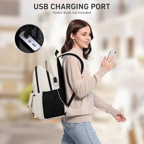 School Backpack for Women, College Bookbag Teen Girls 17.3 Inch Laptop Bacpack Cute School Bag with USB Port for Students (Beige) in Saudi Arabia