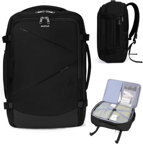 Ecohub 30L Carry On Backpack for Men Women 18x14x8 ، 17 بوصة قابلة للتوسيع شركات الطيران الشخصية القابلة للتوسيع ، حقيبة محمول مقاومة للماء معتمدة مع فتحة USB والجيب الرطب ، الأسود in Kuwait
