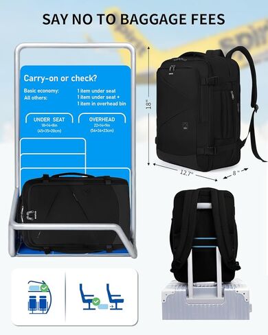 Ecohub 30L Carry On Backpack for Men Women 18x14x8 ، 17 بوصة قابلة للتوسيع شركات الطيران الشخصية القابلة للتوسيع ، حقيبة محمول مقاومة للماء معتمدة مع فتحة USB والجيب الرطب ، الأسود in Kuwait
