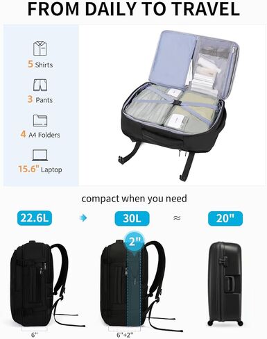 Ecohub 30L Carry On Backpack for Men Women 18x14x8 ، 17 بوصة قابلة للتوسيع شركات الطيران الشخصية القابلة للتوسيع ، حقيبة محمول مقاومة للماء معتمدة مع فتحة USB والجيب الرطب ، الأسود in Kuwait