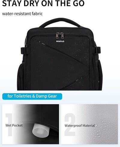 Ecohub 30L Carry On Backpack for Men Women 18x14x8 ، 17 بوصة قابلة للتوسيع شركات الطيران الشخصية القابلة للتوسيع ، حقيبة محمول مقاومة للماء معتمدة مع فتحة USB والجيب الرطب ، الأسود in Kuwait