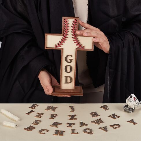 PH PandaHall Wood Baseball Cross Ornaments for Craft, Tabletop Cross Standing with 26 Letters Baseball Gift Baptism Table Centerpiece for Easter Party Celebrations Decoration, Sunday School, 10.4x6.5inch in Saudi Arabia