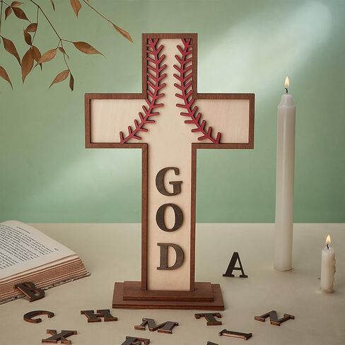 PH PandaHall Wood Baseball Cross Ornaments for Craft, Tabletop Cross Standing with 26 Letters Baseball Gift Baptism Table Centerpiece for Easter Party Celebrations Decoration, Sunday School, 10.4x6.5inch in Saudi Arabia