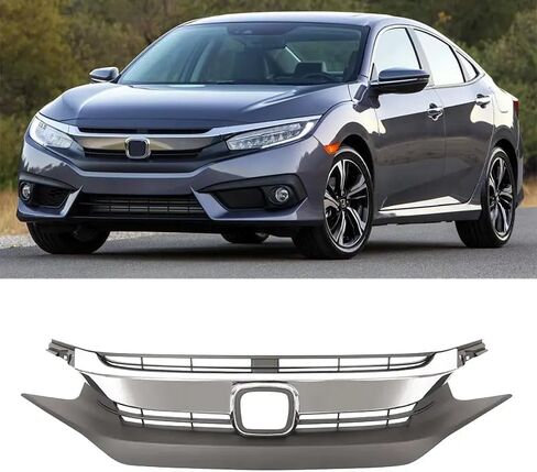 Pensun الأمامي المصد شواء الشواء W/Chrome + 2x Chrome Syelid Trims for 2016 2017 2018 Honda Civic سيدان in Saudi Arabia