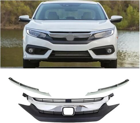 Pensun الأمامي المصد شواء الشواء W/Chrome + 2x Chrome Syelid Trims for 2016 2017 2018 Honda Civic سيدان in Kuwait