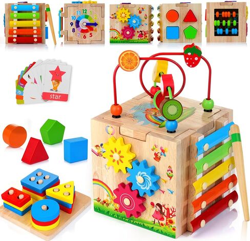 Wooden Activity Cube, 8-in-1 Montessori Toys for 1+ Year Old Boys & Girls, Educational Learning Toys for Toddlers Age 1-2, 1st Birthday Gift | Bonus Sorting & Stacking Board in Kuwait