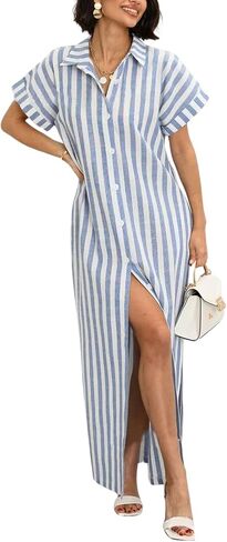 chouyatou Women's Summer Short Sleeve Striped Shirt Dress Beach Maxi Long Belted Casual Button Down Dress in Saudi Arabia