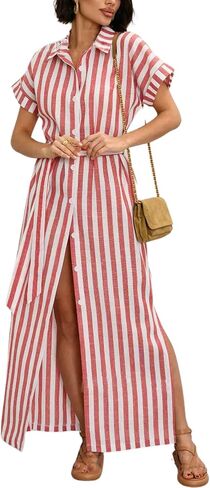 chouyatou Women's Summer Short Sleeve Striped Shirt Dress Beach Maxi Long Belted Casual Button Down Dress in Saudi Arabia