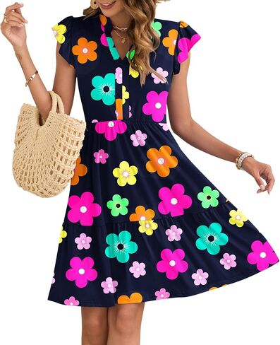 AUSELILY Women's Summer Ruffled Sleeve Dresses V Neck Empire Waist Mini Sundress with Pockets 2025 New in Saudi Arabia
