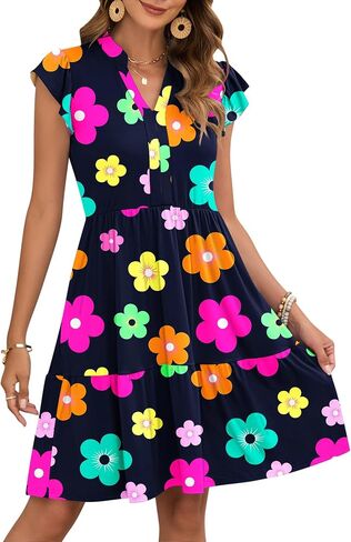AUSELILY Women's Summer Ruffled Sleeve Dresses V Neck Empire Waist Mini Sundress with Pockets 2025 New in Saudi Arabia
