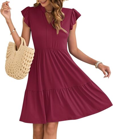 AUSELILY Women's Summer Ruffled Sleeve Dresses V Neck Empire Waist Mini Sundress with Pockets 2025 New in Saudi Arabia