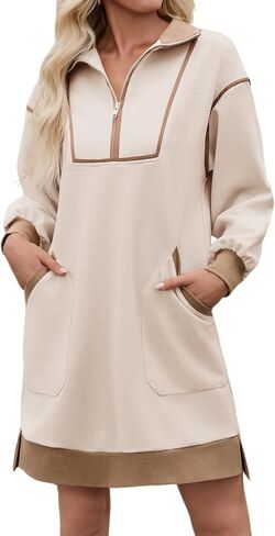 Wenrine Women's Oversized Sweatshirt Dress Half Zip V Neck Long Sleeve Contrast Fall Casual Mini Dresses in Saudi Arabia