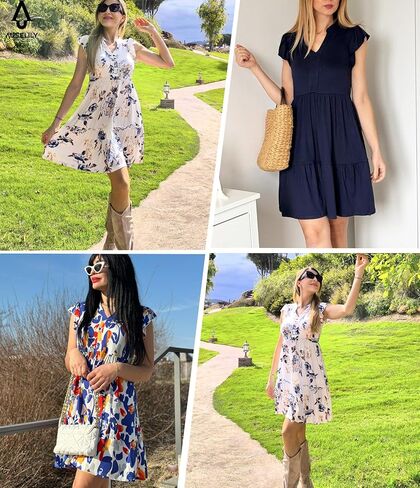 AUSELILY Women's Summer Ruffled Sleeve Dresses V Neck Empire Waist Mini Sundress with Pockets 2025 New in Saudi Arabia