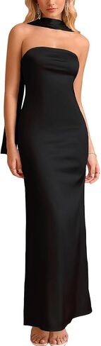 EYNMIN Women's Tube Maxi Dress with Scarf Satin Strapless Elegant Long Formal Wedding Guest Dresses in Kuwait
