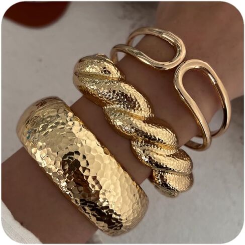 Chunky Gold Bangle Bracelets for Women 14K Gold Plated Minimalist Modern Wide Arm Cuff Irregular Set of 3 Fits 6.5-7.5" Wrists in Saudi Arabia