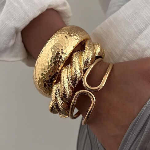 Chunky Gold Bangle Bracelets for Women 14K Gold Plated Minimalist Modern Wide Arm Cuff Irregular Set of 3 Fits 6.5-7.5" Wrists in Saudi Arabia